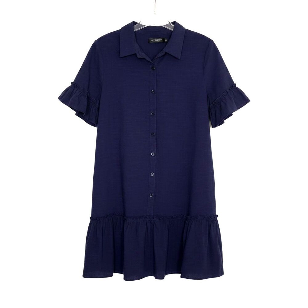 Merokeety Shirt Dress Mini Ruffle A Line Button Front Navy Blue M